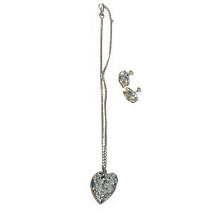 Vintage Silver Tone Filigree Heart with Rhinestone Choker and Matching Earrings